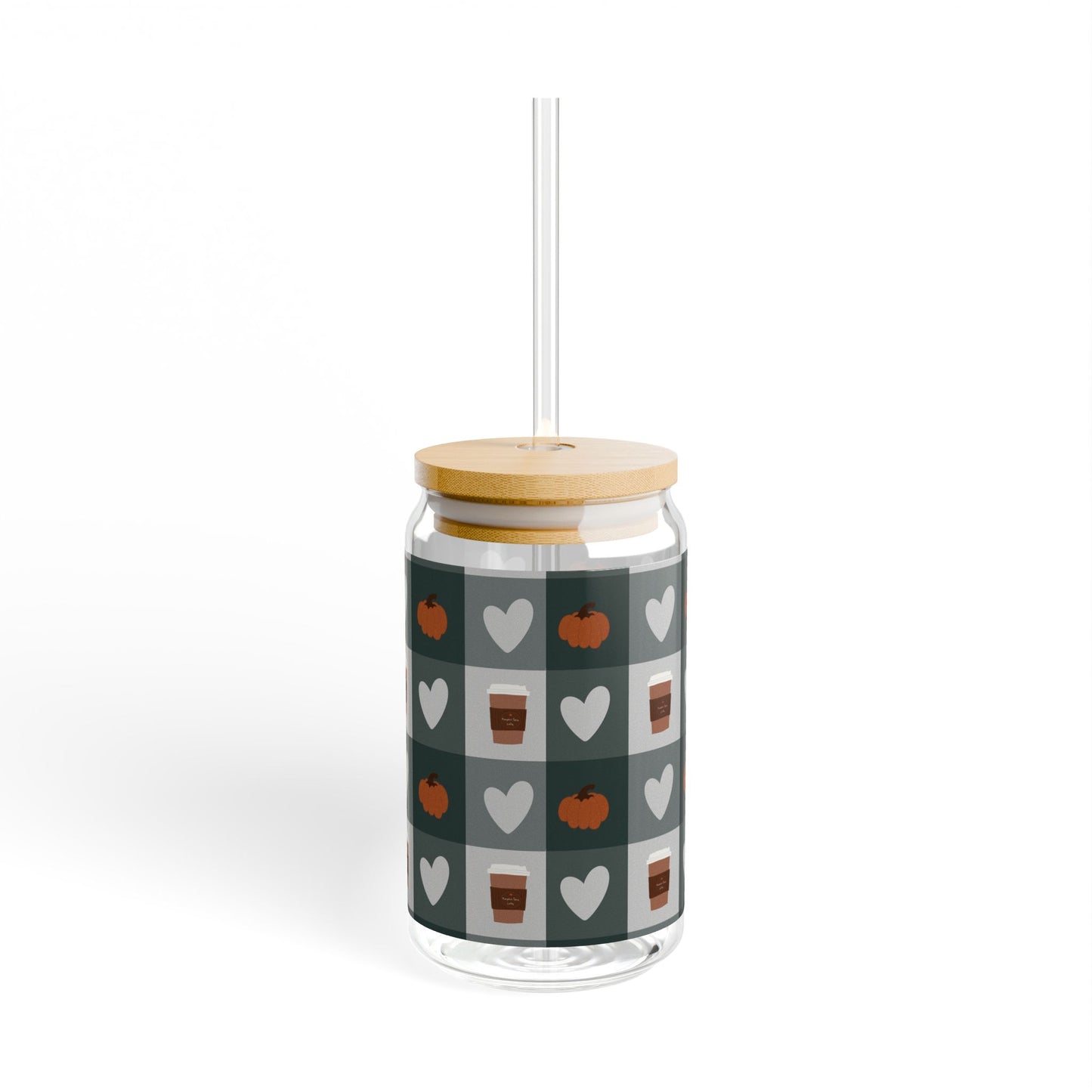 Autumn Café Vibes Sipper Glass with Straw, 16oz Fun Pumpkin Heart Pattern, Perfect for Fall Gatherings, Halloween Parties, Eco-Friendly Drinkware,