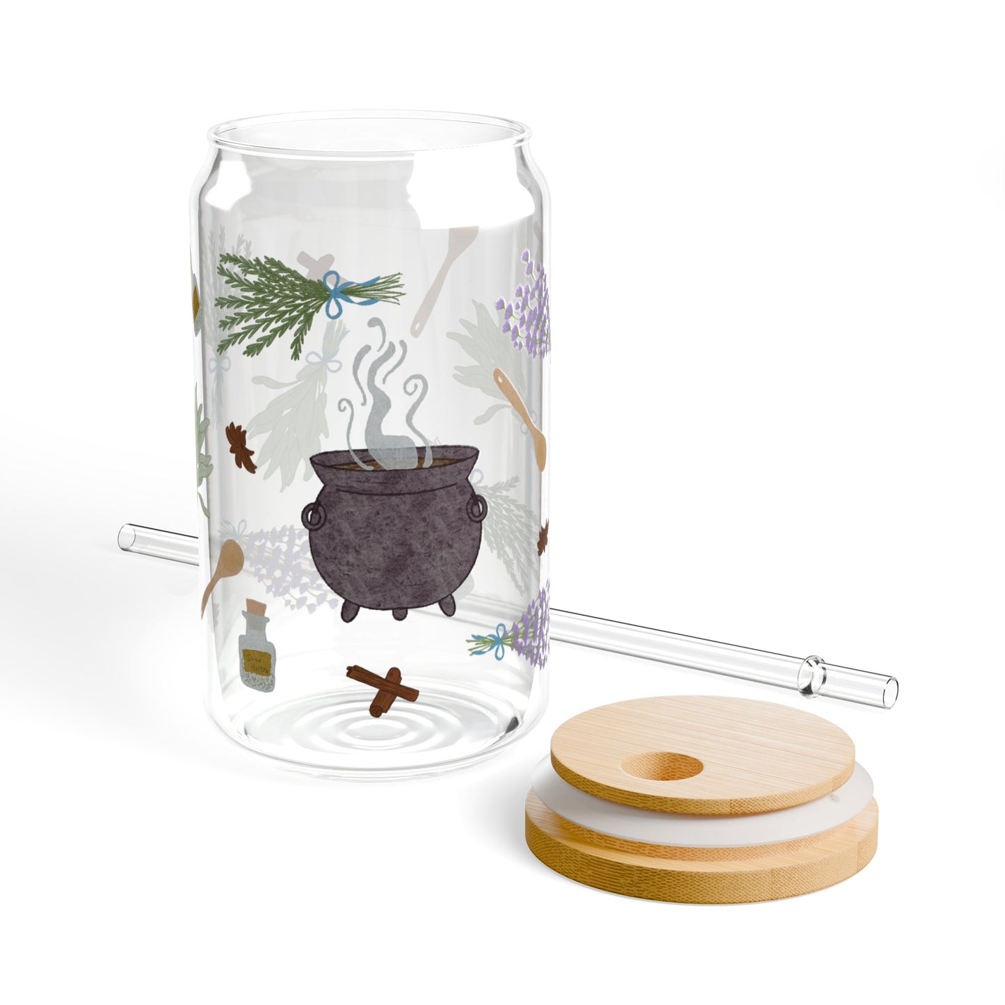 Herbal Brew Sipper Glass, 16oz | Botanical Drinkware | Eco-Friendly Beverage Jar | Stylish Home Decor | Perfect for Tea Lovers, Gifts