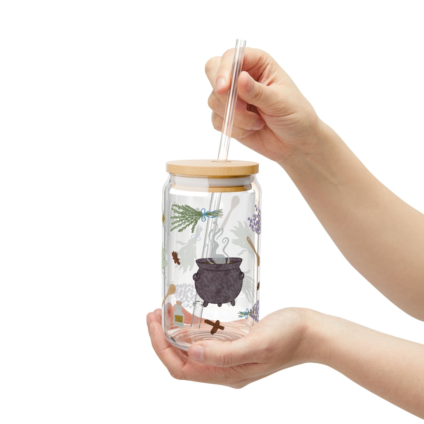 Herbal Brew Sipper Glass, 16oz | Botanical Drinkware | Eco-Friendly Beverage Jar | Stylish Home Decor | Perfect for Tea Lovers, Gifts