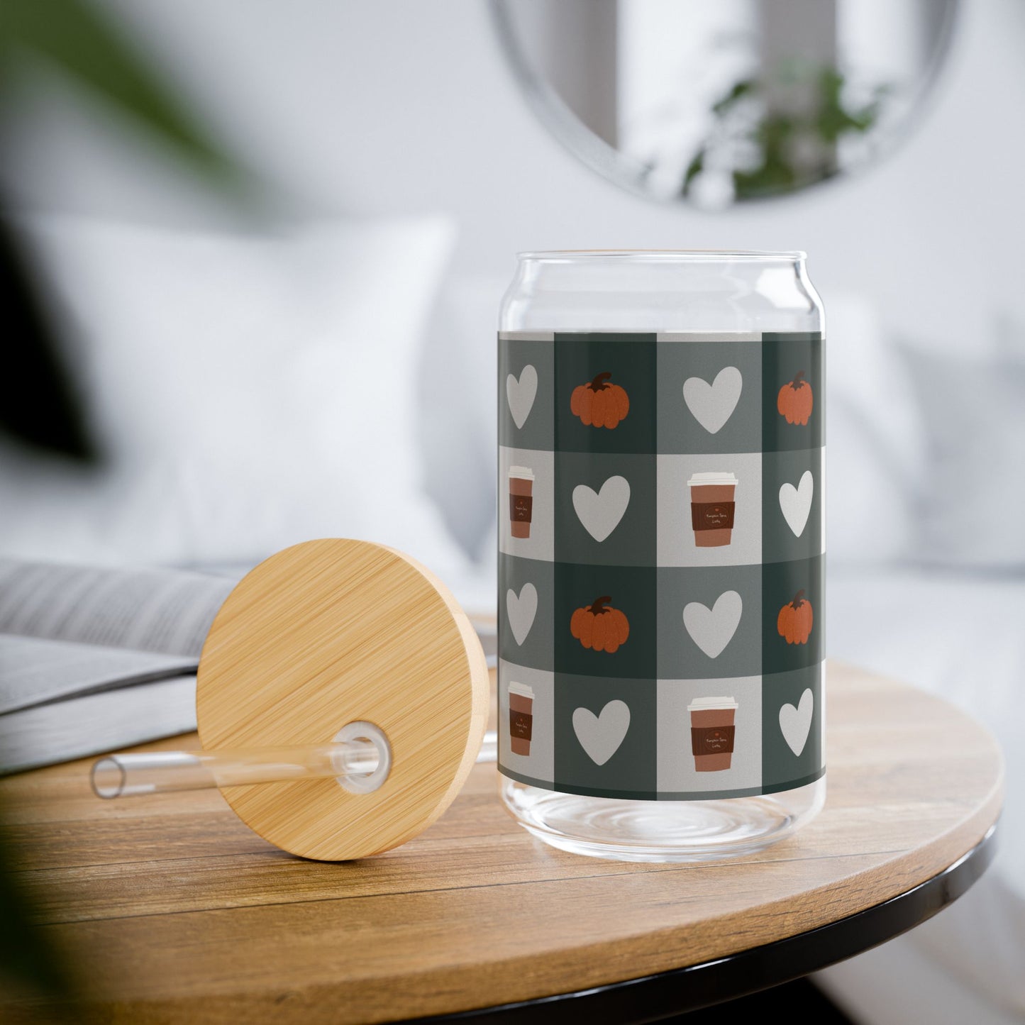 Autumn Café Vibes Sipper Glass with Straw, 16oz Fun Pumpkin Heart Pattern, Perfect for Fall Gatherings, Halloween Parties, Eco-Friendly Drinkware,