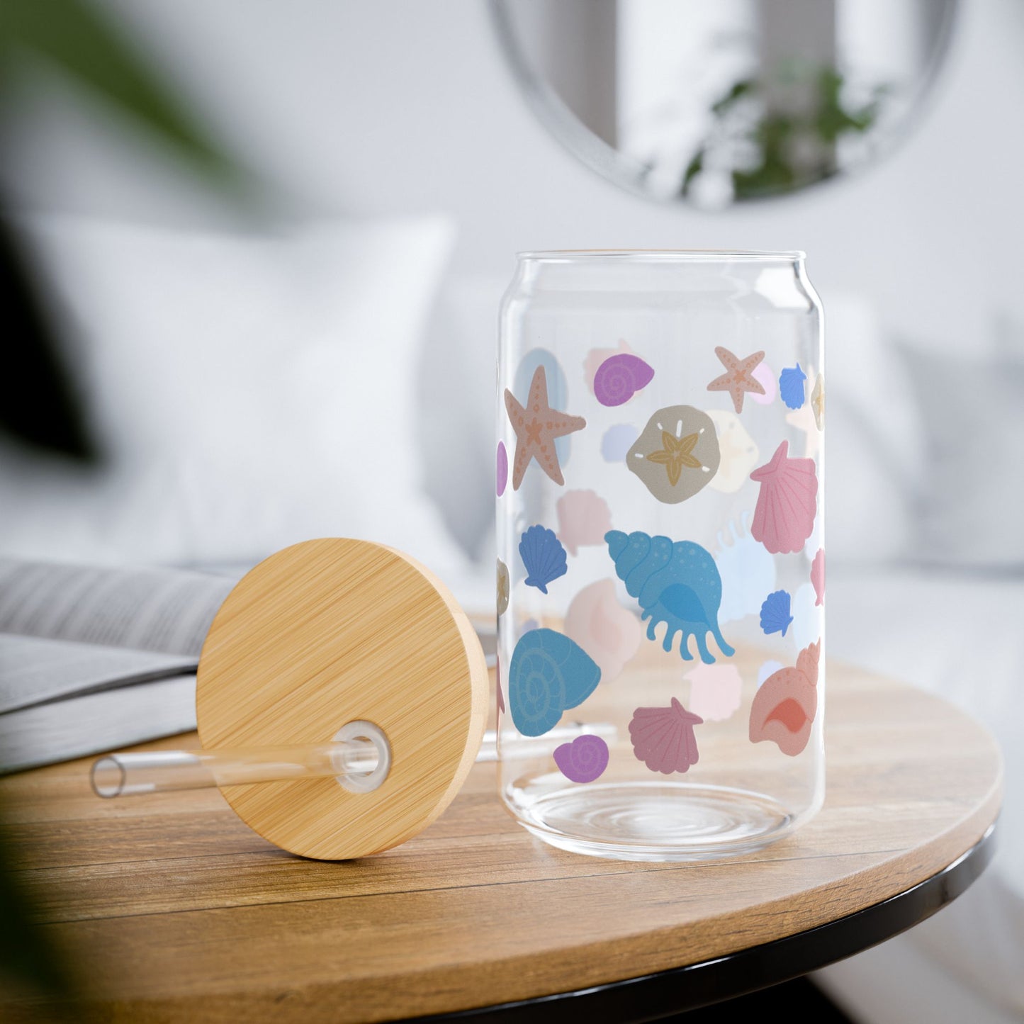 Coastal Calm Sipper Glass, 16oz, Shell Decor, Beach Party Drinkware, Summer Gift, Ocean Themed Cup