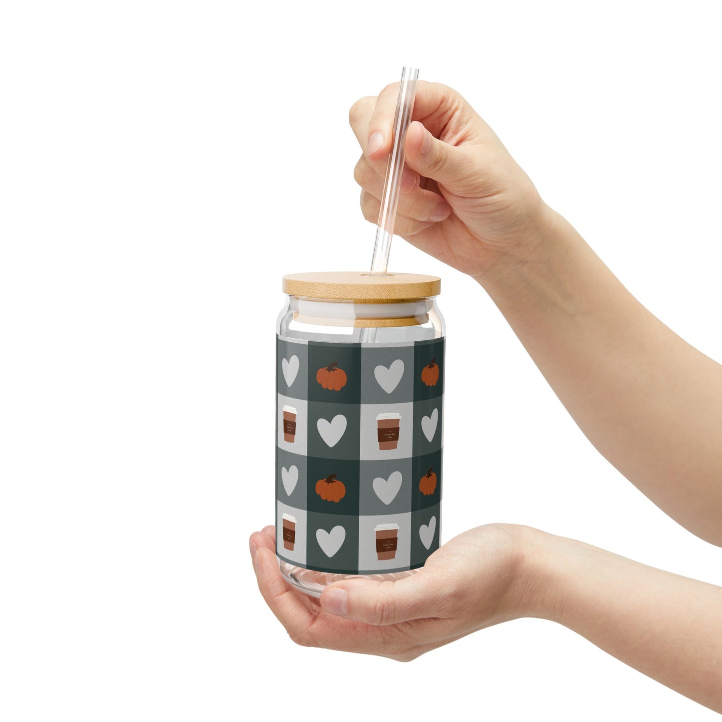 Autumn Café Vibes Sipper Glass with Straw, 16oz Fun Pumpkin Heart Pattern, Perfect for Fall Gatherings, Halloween Parties, Eco-Friendly Drinkware,