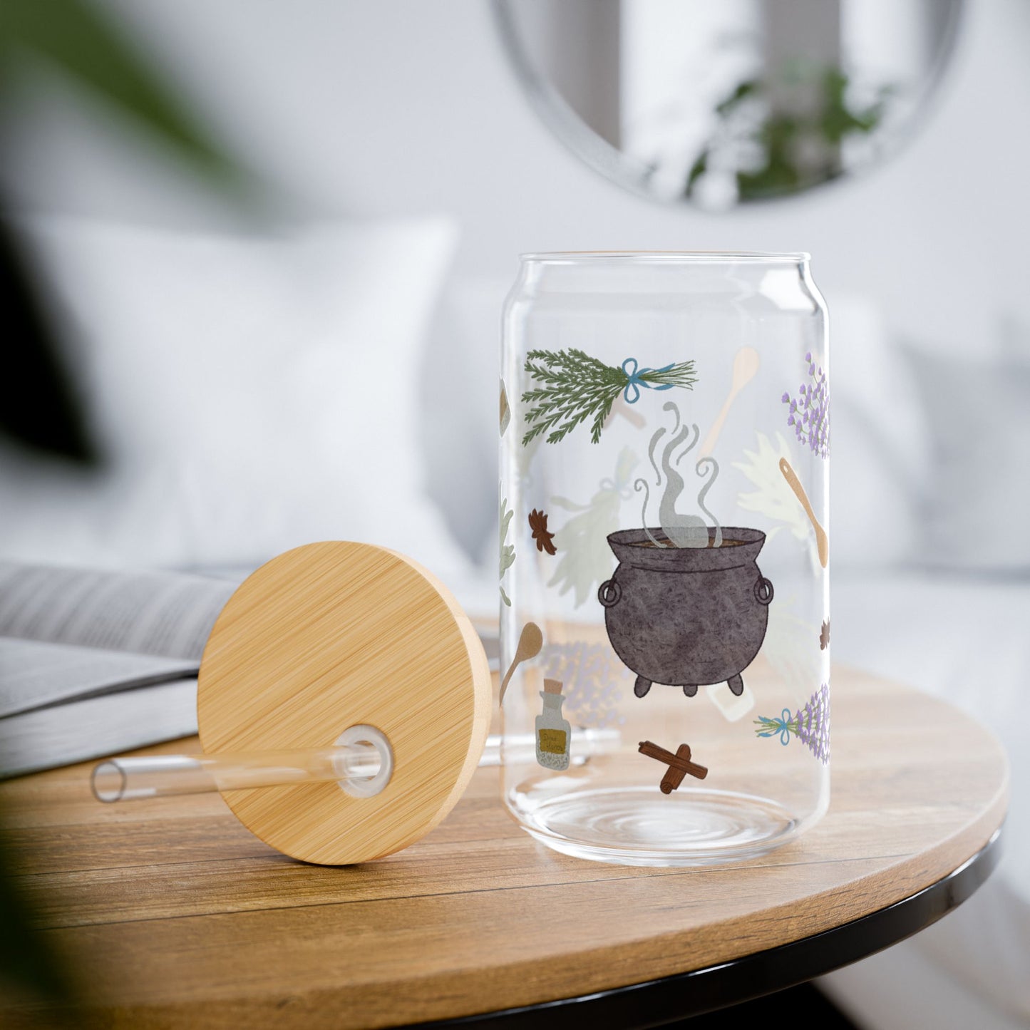 Herbal Brew Sipper Glass, 16oz | Botanical Drinkware | Eco-Friendly Beverage Jar | Stylish Home Decor | Perfect for Tea Lovers, Gifts