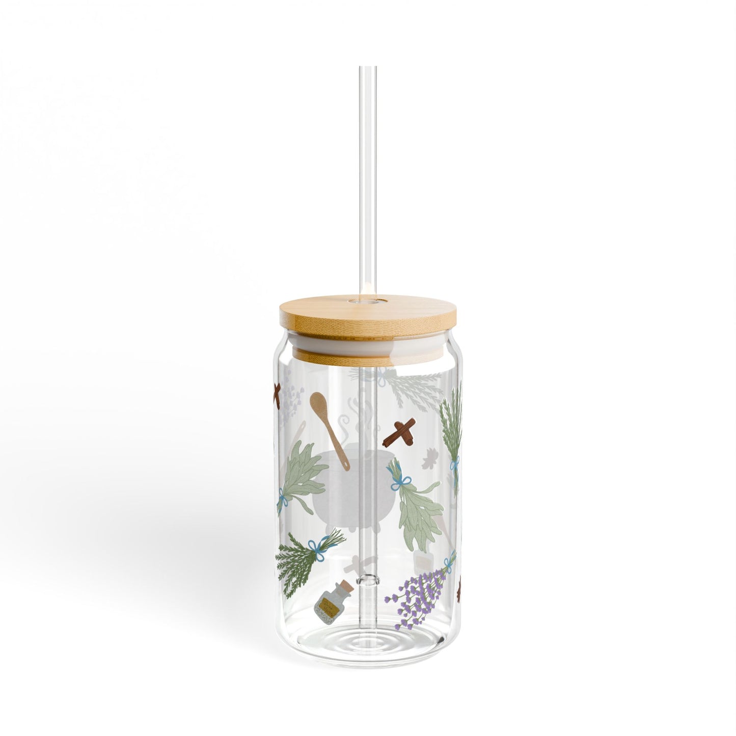 Herbal Brew Sipper Glass, 16oz | Botanical Drinkware | Eco-Friendly Beverage Jar | Stylish Home Decor | Perfect for Tea Lovers, Gifts
