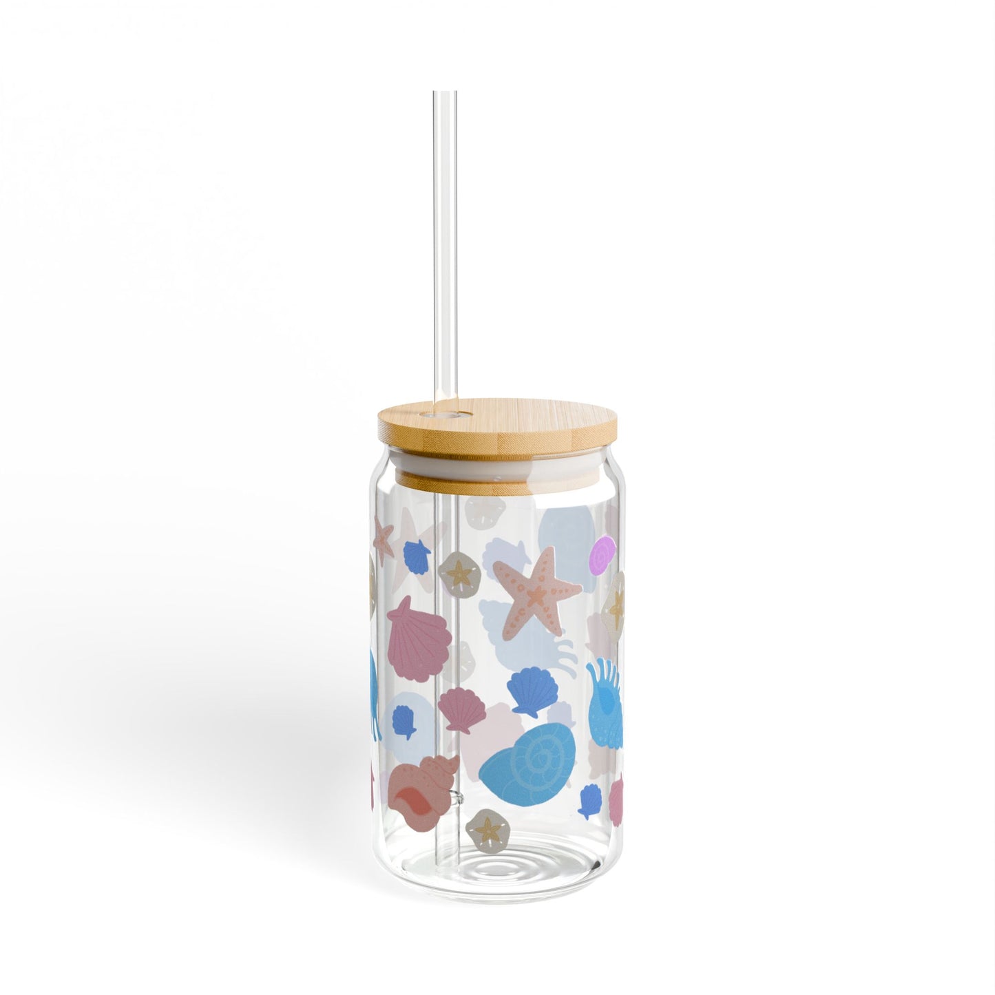 Coastal Calm Sipper Glass, 16oz, Shell Decor, Beach Party Drinkware, Summer Gift, Ocean Themed Cup