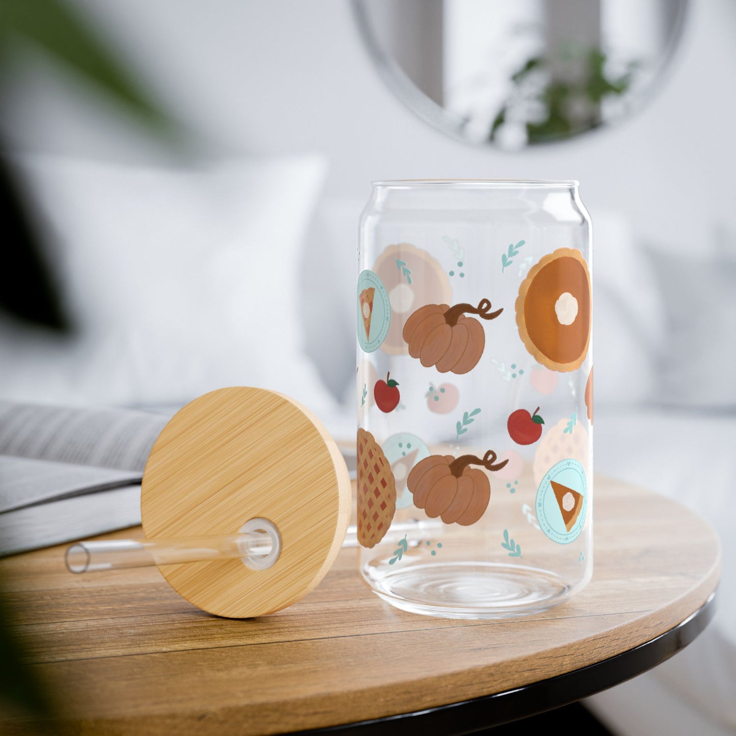 Autumn Bakes Sipper Glass with Bamboo Lid, Cute Beverage Jar for Unique Drinks, Perfect for Parties, Gifts, Home Decor, Kitchen Essentials