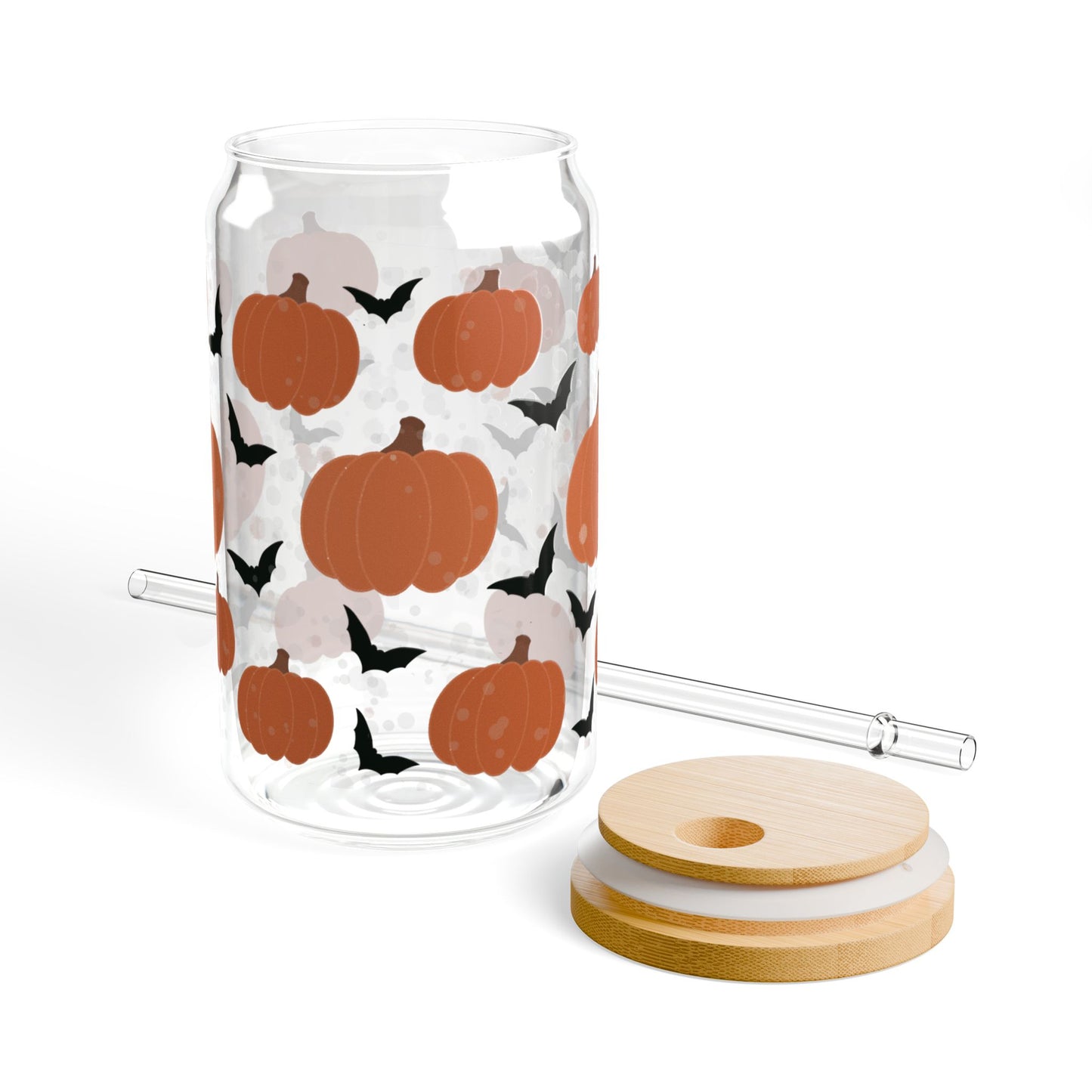 Spooky Patch Sipper Glass, Fall Drinkware, Halloween Decor, Autumn Kitchen Accessories, Eco-Friendly Glass Jar, Reusable Straw