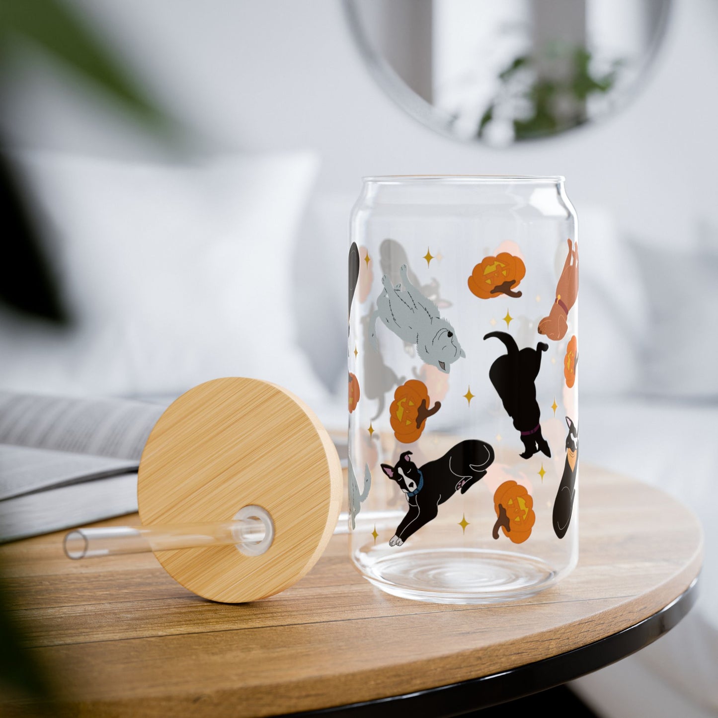 Pumpkin Pup Cup Sipper Glass - 16oz Jug with Straw, Perfect for Home, Gifts, Pet Lovers, Parties, and Celebrations