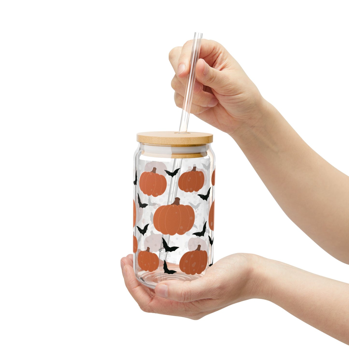 Spooky Patch Sipper Glass, Fall Drinkware, Halloween Decor, Autumn Kitchen Accessories, Eco-Friendly Glass Jar, Reusable Straw