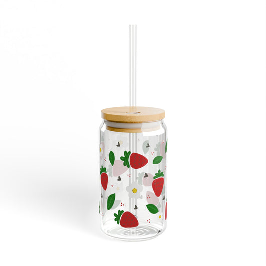 Berry Sweet Blossom Sipper Glass, 16oz | Cute Drinkware for Summer, Eco-Friendly Glass Jar, Perfect for Picnics, Kitchen Decor, Gift for Friends