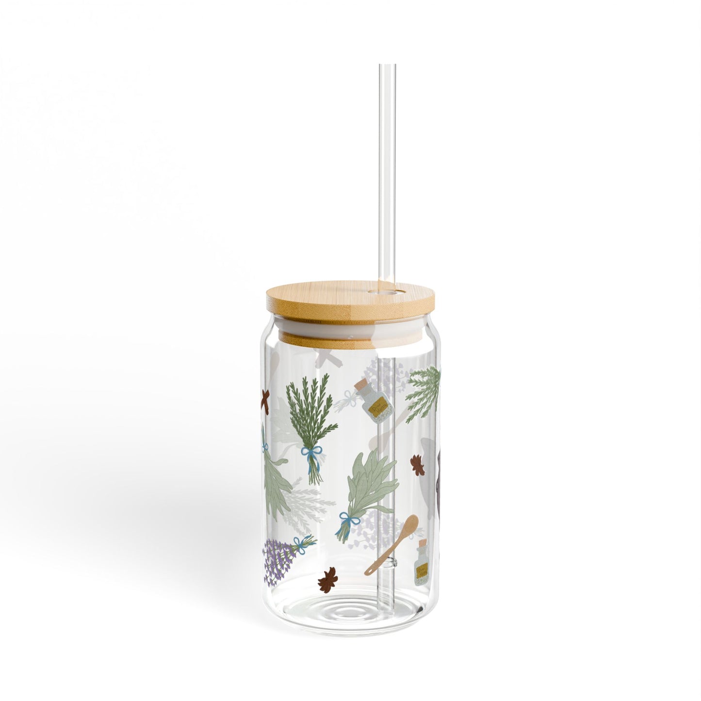Herbal Brew Sipper Glass, 16oz | Botanical Drinkware | Eco-Friendly Beverage Jar | Stylish Home Decor | Perfect for Tea Lovers, Gifts