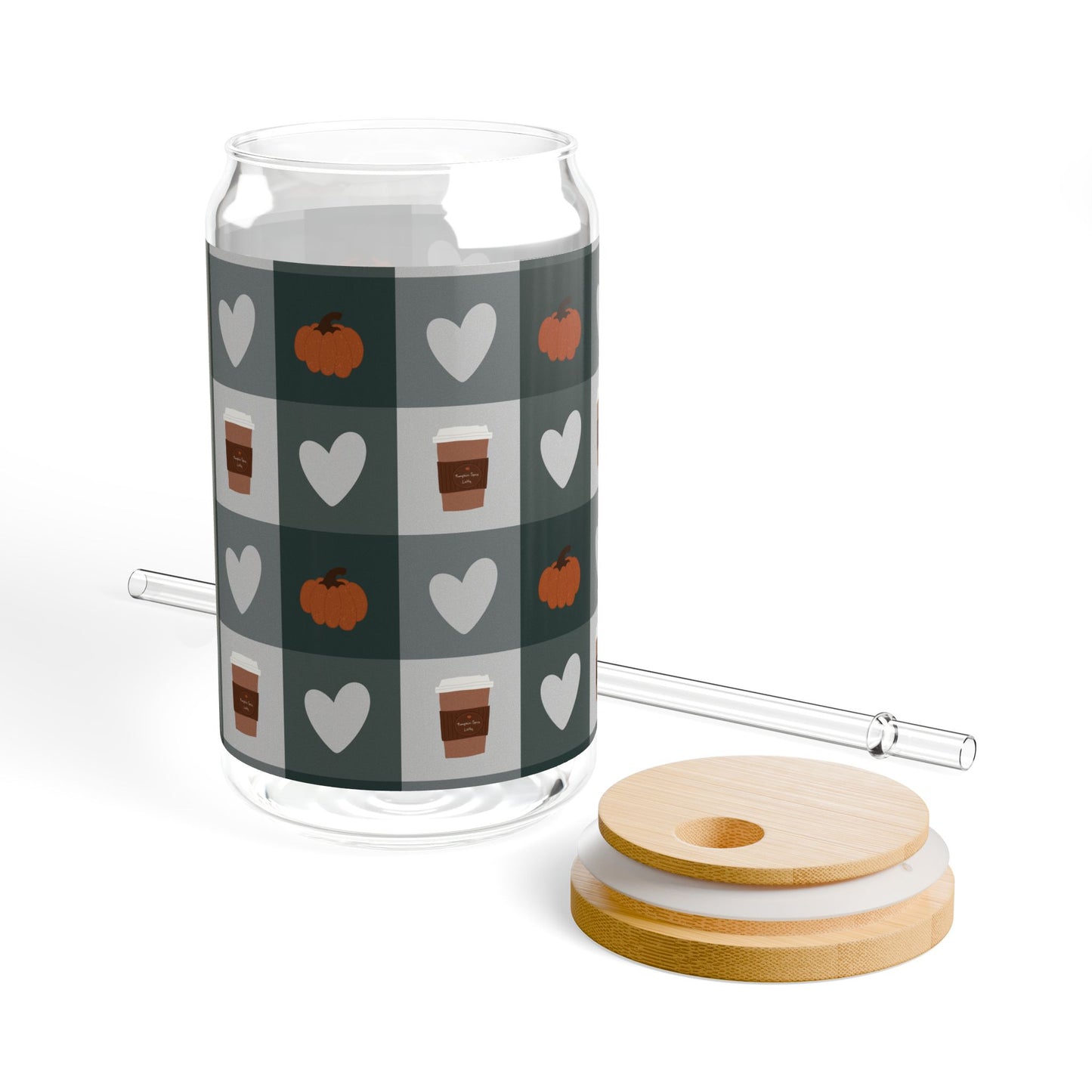 Autumn Café Vibes Sipper Glass with Straw, 16oz Fun Pumpkin Heart Pattern, Perfect for Fall Gatherings, Halloween Parties, Eco-Friendly Drinkware,