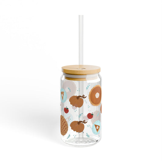 Autumn Bakes Sipper Glass with Bamboo Lid, Cute Beverage Jar for Unique Drinks, Perfect for Parties, Gifts, Home Decor, Kitchen Essentials