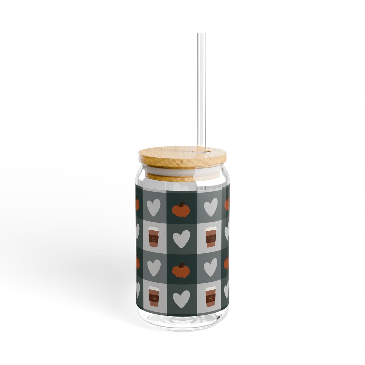 Autumn Café Vibes Sipper Glass with Straw, 16oz Fun Pumpkin Heart Pattern, Perfect for Fall Gatherings, Halloween Parties, Eco-Friendly Drinkware,