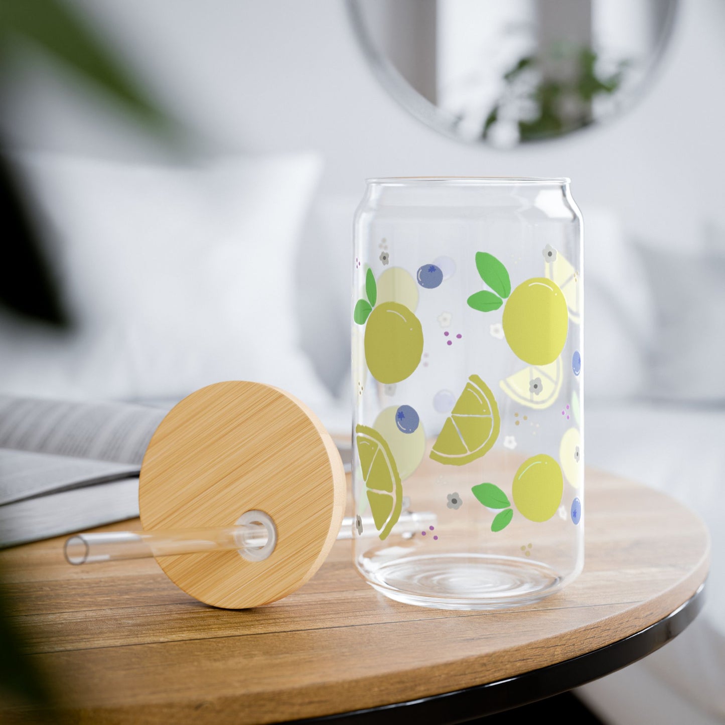 Blueberry Lemonade Sipper Glass, 16oz Fruit Infuser Cup, Summer Party Drinkware, Eco-Friendly Water Jar, Colorful Beverage Container