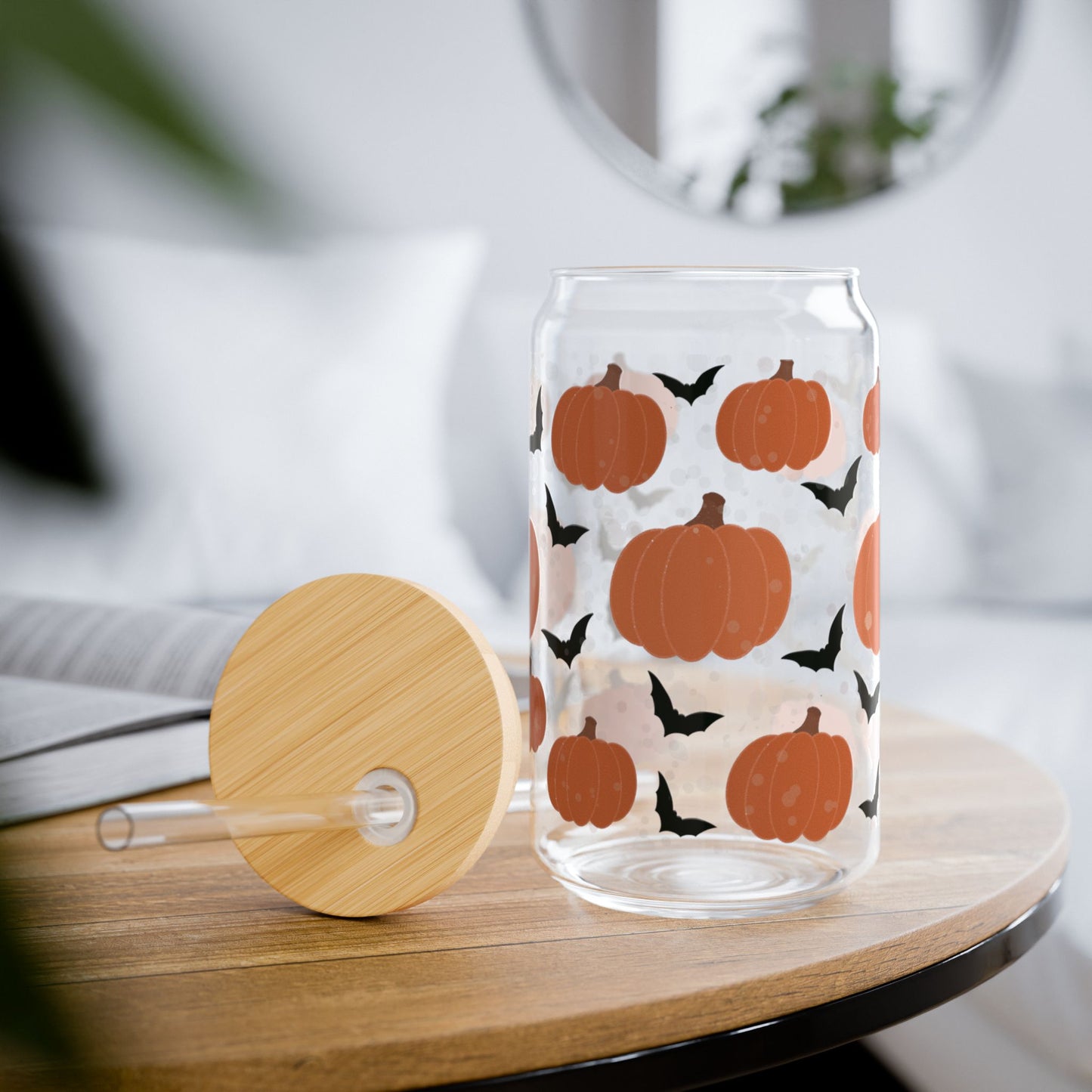 Spooky Patch Sipper Glass, Fall Drinkware, Halloween Decor, Autumn Kitchen Accessories, Eco-Friendly Glass Jar, Reusable Straw