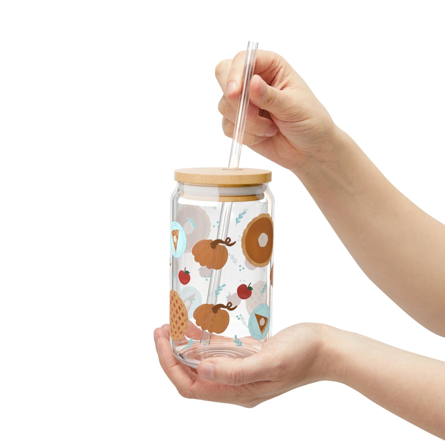 Autumn Bakes Sipper Glass with Bamboo Lid, Cute Beverage Jar for Unique Drinks, Perfect for Parties, Gifts, Home Decor, Kitchen Essentials