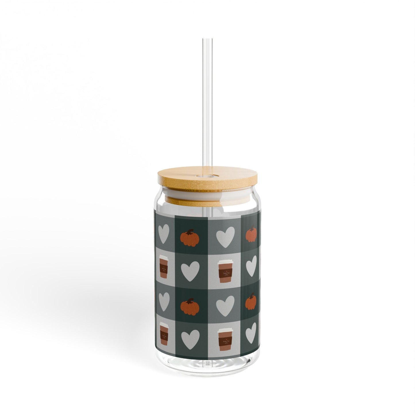 Autumn Café Vibes Sipper Glass with Straw, 16oz Fun Pumpkin Heart Pattern, Perfect for Fall Gatherings, Halloween Parties, Eco-Friendly Drinkware,