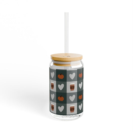 Autumn Café Vibes Sipper Glass with Straw, 16oz Fun Pumpkin Heart Pattern, Perfect for Fall Gatherings, Halloween Parties, Eco-Friendly Drinkware,