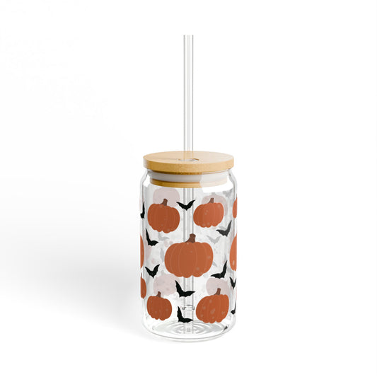 Spooky Patch Sipper Glass, Fall Drinkware, Halloween Decor, Autumn Kitchen Accessories, Eco-Friendly Glass Jar, Reusable Straw