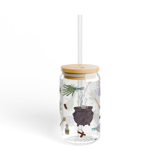 Herbal Brew Sipper Glass, 16oz | Botanical Drinkware | Eco-Friendly Beverage Jar | Stylish Home Decor | Perfect for Tea Lovers, Gifts